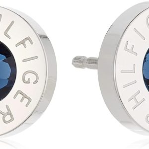 Tommy Hilfiger Stainless Steel Stud Earrings With Etched 'HILFIGER' And Clear Center Crystal For Women